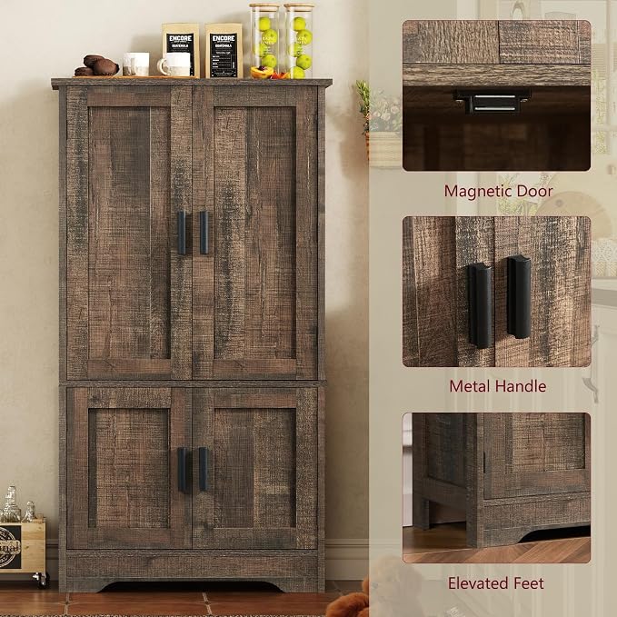 Storage Cabinet with 4 Doors, 43.3" H Farmhouse Kitchen Cabinet with 6 Door Shelves, Kitchen Storage Cabinets with Adjustable Shelves, for Living Room, Antique Oak