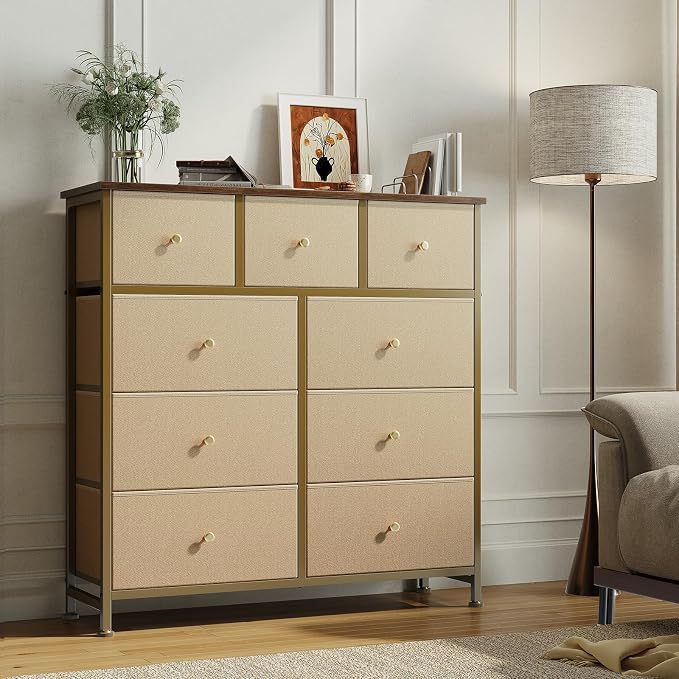 OLIXIS 9 Drawer Tall Dresser for Bedroom, Closet Organizers and Storage | Fabric Dresser with Wooden Top, Chest of Drawers for Clothes Storage, Tower Cabinet, Furniture, TV Stand, Khaki
