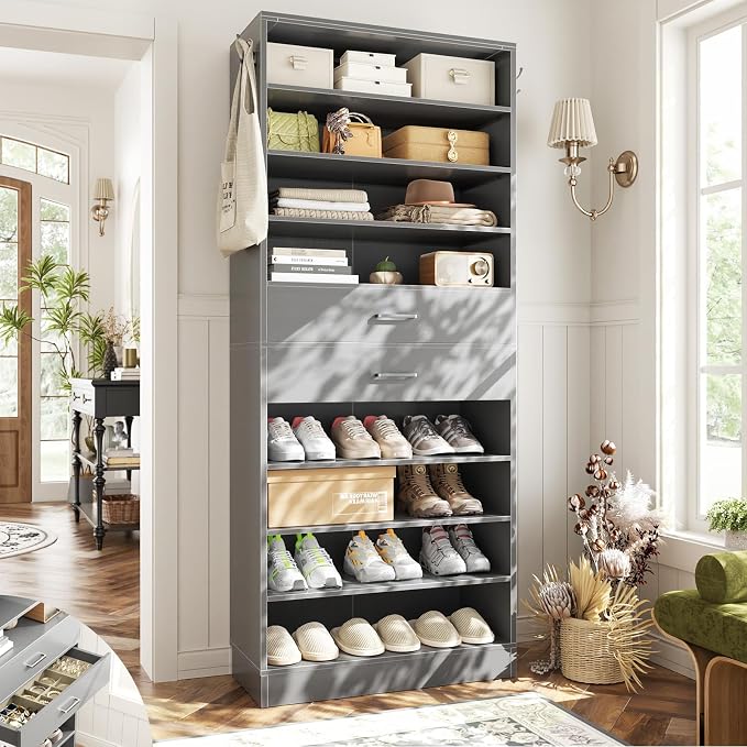 Aheaplus Tall Shoe Cabinet, 10 Tiers Wood Shoe Rack, Vertical Shoe Storage Organizer with 2 Drawers, Narrow Shoe Shelf Tower for 24-28 Pairs, Space Saving, for Closet, Entryway, Bedroom, Grey