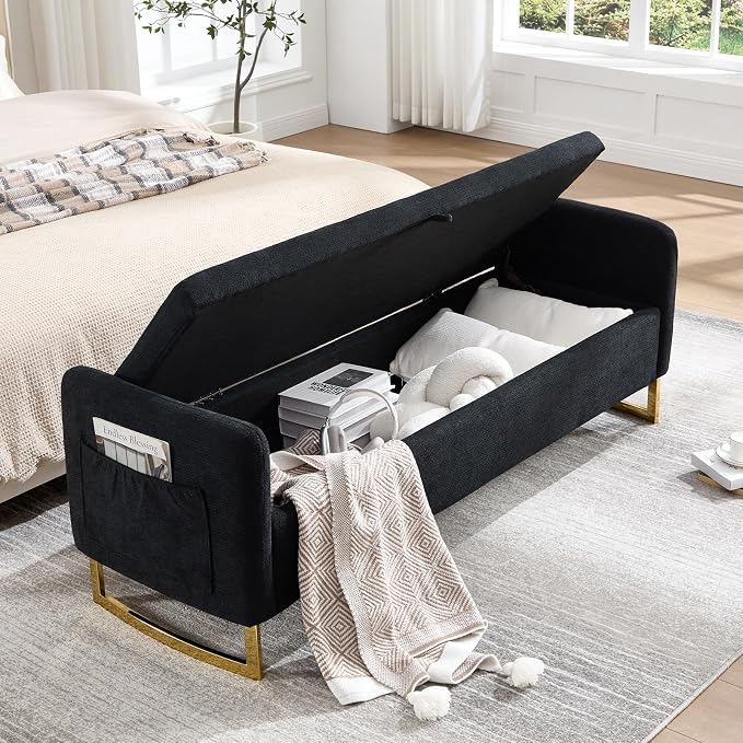 65" Storage Ottoman Bench, Chenille Storage Bench for Bedroom, End of Bed Storage Bench with Tufted Upholstered and Gold Legs, Bedroom Benches with Arms Window and Entryway, Black