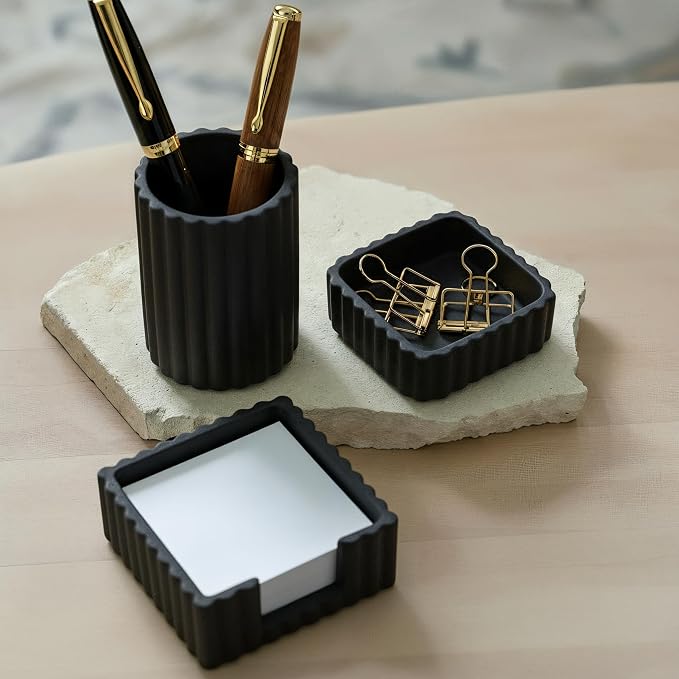 Aesthetic Desk Organizer Set of 3 For Your Office - Sturdy Concrete Desktop Accessories For Women Enhance Any Office Decor - Set incl. Pen Holder, Paperclip Storage & Sticky Note Holder for Teacher