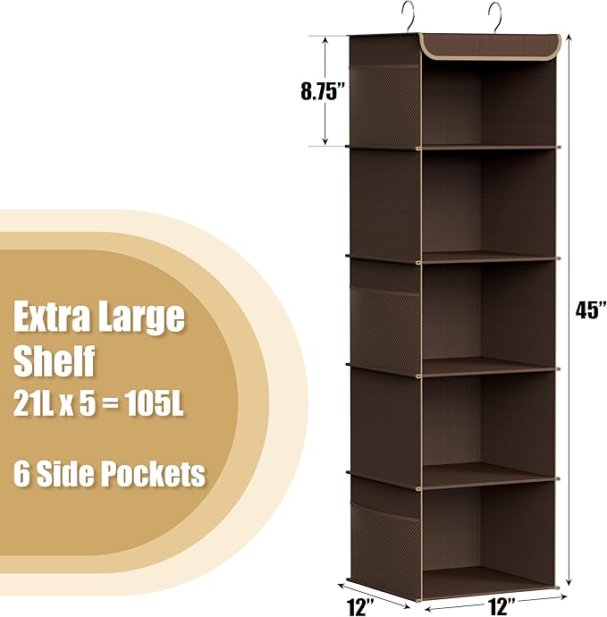 Simple Houseware 5 Shelf Hanging Closet Organizer, Brown | 360° Rotating Dual Hooks, Top Support Metal Frame, 6 Side Mesh Pockets