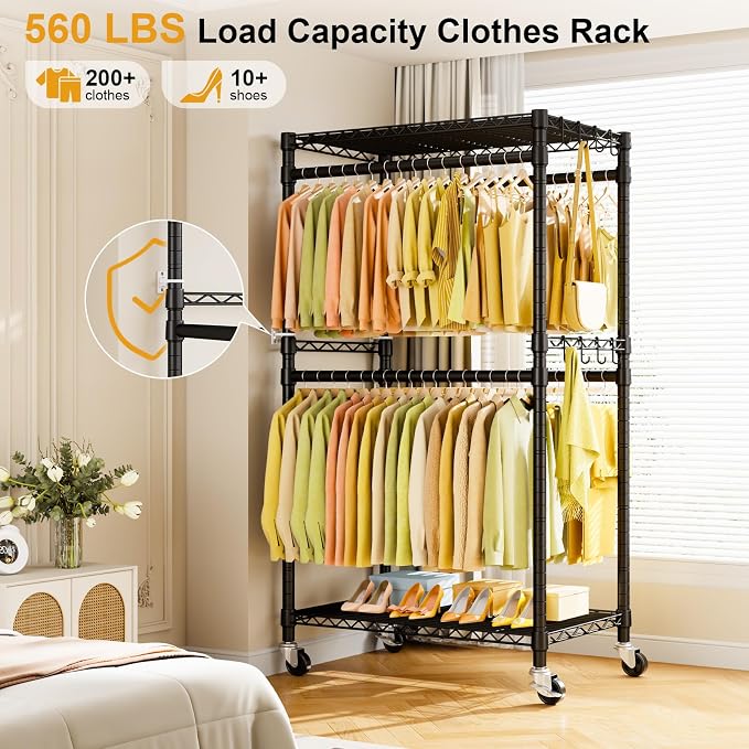 ULIFHOME P4 Rolling Clothes Rack, Clothing Racks for Hanging Clothes, Black | Heavy Duty Garment Rack with Wheels, 2-Tier Free Standing Portable Closet Racks 35.5''W × 20.5''D × 80.5''H, Max Load 560Lbs