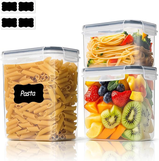 ComSaf Airtight Food Storage Containers with Lids 0.8/1.5/2.1Qt 3Pack | Plastic Canister, Flour Sugar Cereal Pasta Rice Oats Coffee Snacks, Pantry Kitchen, Label, Scoop, Stackable, BPA-free, Clear