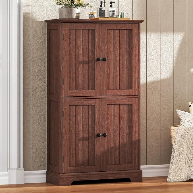 ChooChoo Bathroom Floor Cabinet with Adjustable Shelves | Bathroom Storage Cabinet, 4 Doors, Freestanding Cupboard for Living Room, Kitchen Pantry, Walnut