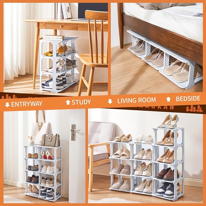 5 Tiers Vertical Shoe Rack, Narrow Free Standing Shoe Storage Organizer for Entryway and Small Closet, Stackable Shoe Holder Shelf Stability DIY, Grey