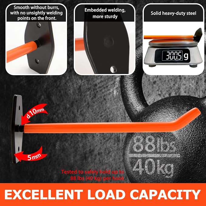 10 inch Garage Hooks Heavy Duty, Tire Wall Mount, Wheel Hanger | 8 Pack Large Ladder Holder, Tire Storage System for Car Rims, Heavy Tools, Chairs and Bulky Tools, Rubber Coated | 88lbs