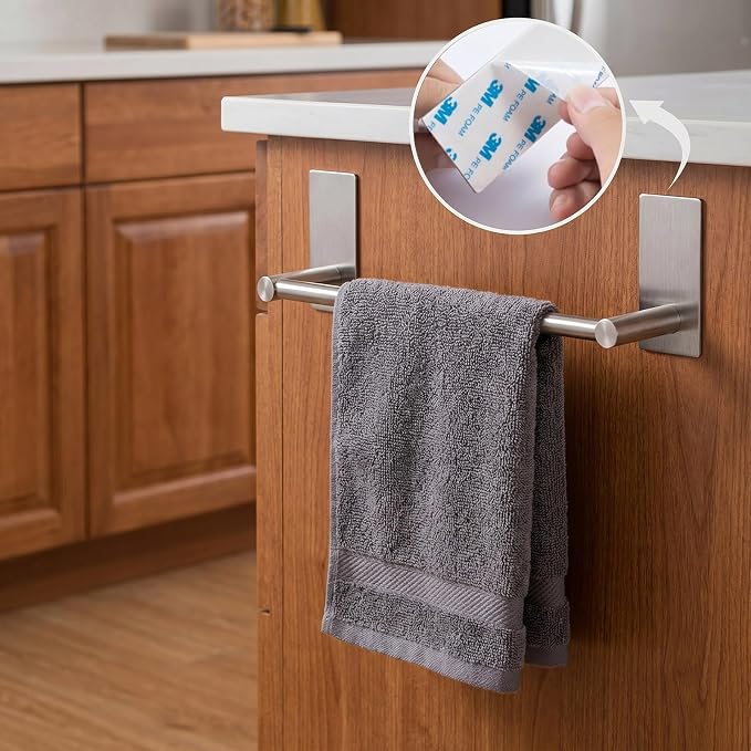 Adhesive Towel Bar 9-inch, Stick On Bath Towel Rack, Hand Towel Holders, No Drilling on Wall - Brushed Nickle