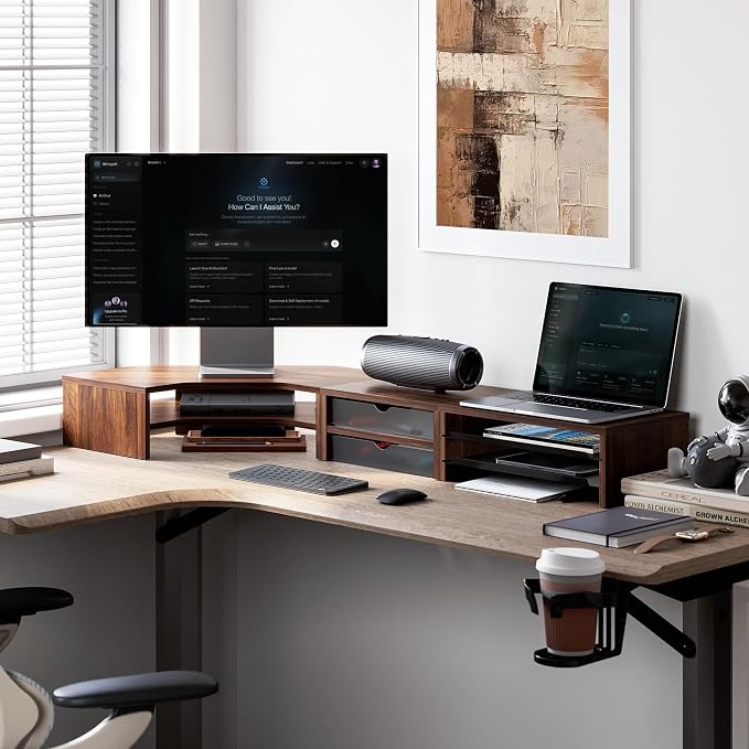 Fenge Dual Monitor Stand, Corner Desk Shelf with Drawer & Slide-Out Tray | Modular Design for Flexible Layouts, 2-Tier Storage Desktop Organizer for Computer, Laptop, Printer and Telephone