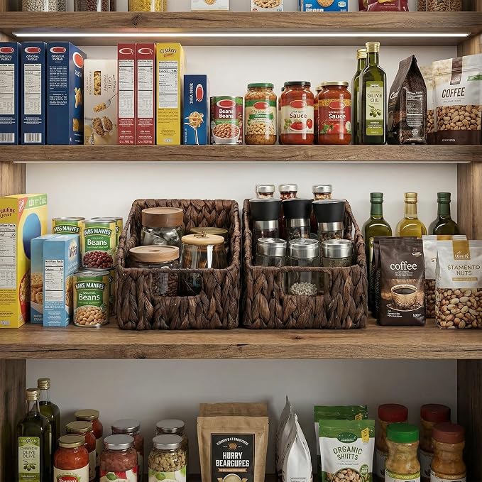 StorageWorks Pantry Baskets for Organizing, Water Hyacinth Storage Baskets for Shelves, Small basket with Built-in Handles, Pantry Organizers and Storage, Brown, Set of 2