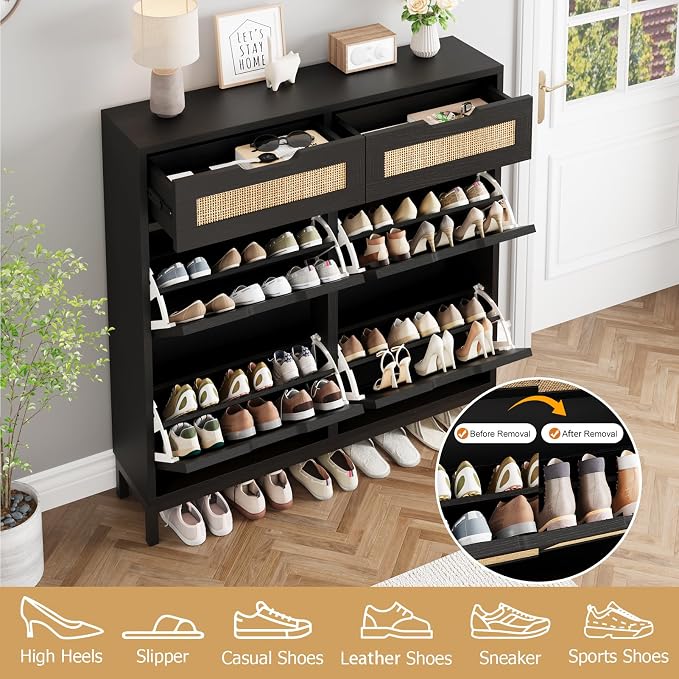 Jocoevol Rattan Shoe Cabinet for Entryway, Boho Shoe Storage Cabinet with 4 Flip Drawers and 2 Drawers, Narrow Freestanding Shoe Rack with Metal Legs for Entryway/Hallway/Foyer (Black)