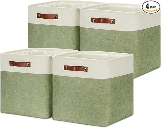 DULLEMELO Storage Baskets for Organizing, Linen Closet Organizers and Storage Baskets for Dog Box, 13 Inch Decorative Cube Storage Bins with handle for Gift Basket(4 Pack - 13" White&Green)