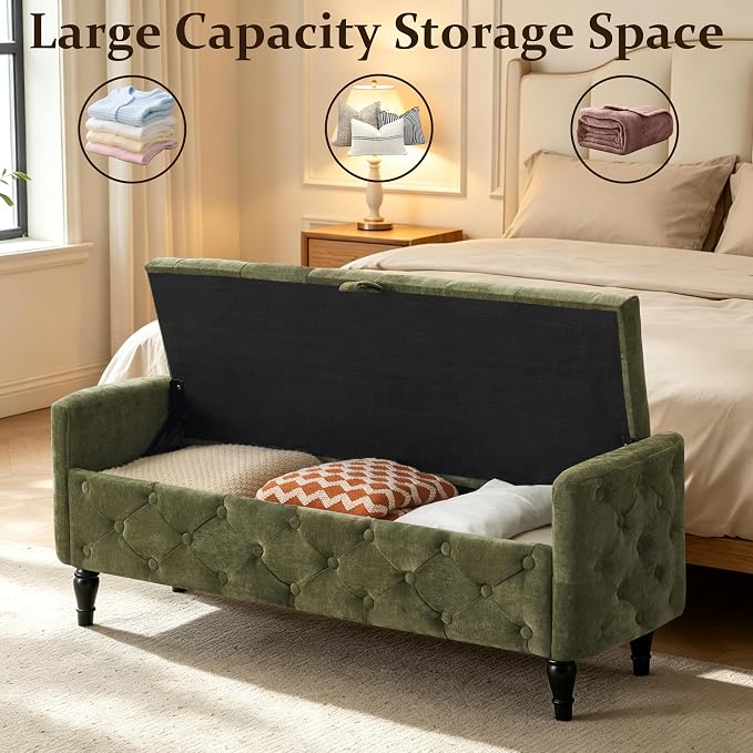 Royal Windsor 48" Ottoman with Storage,Tufted Storage Bench with Safety Hinge,Holds up to 350 lb,Black Wood Legs,Upholstered Bench with Arms for Bedroom,Living Room,Entryway,Linen Green
