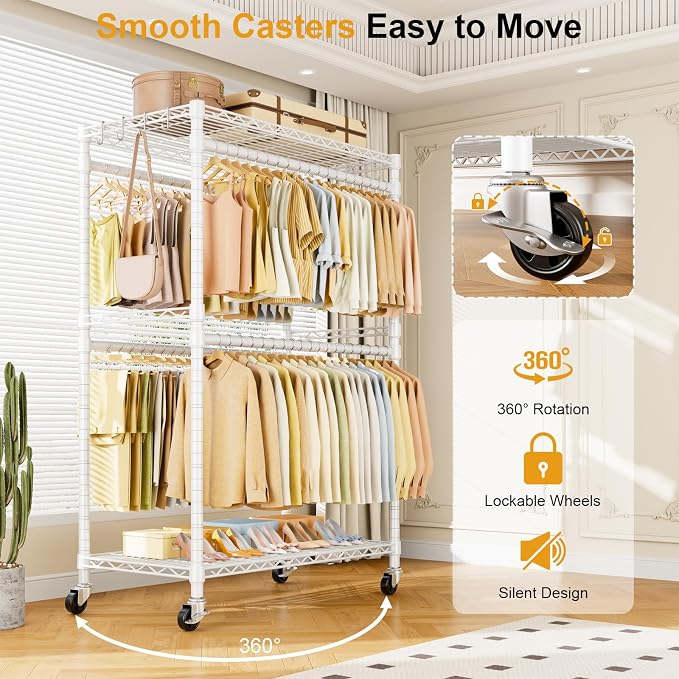 ULIFHOME Rolling Clothes Rack, Clothing Racks for Hanging Clothes, White | P4 Plus Heavy Duty Garment Rack with Wheels, Free Standing Portable Closet Racks 45''W × 20.5''D × 80.5''H, Max Load 570 Lbs