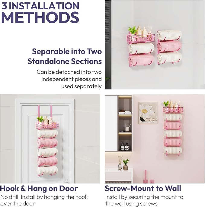 SWTYMIKI Hanging Towel Racks for Bathroom - 9 Tier Over the Door & Wall Mounted Bath Rolled Towel Storage for Women Girl, Door Towel Organizer Holder for Small Bathroom, RV, Camper