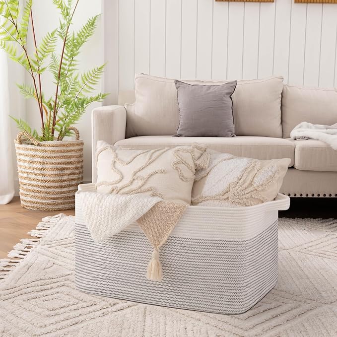 OIAHOMY Extra Large Blanket Basket, 95L Cotton Rope Woven Laundry Basket, Toy Bin for Baby Room, Container for Blanket Storage in Living Room, 24''×17''×14'', Black & White