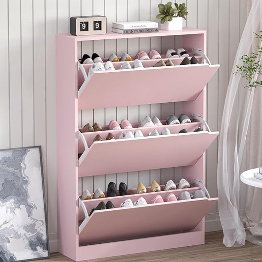 BORNOON Shoe Cabinet with 3 Flip Drawers, Hidden Wood Shoe Cabinet,Freestanding Shoe Storage Cabinet for Entryway Hallway.White. 47.2" H*31.5" W*9.45" D (Pink)