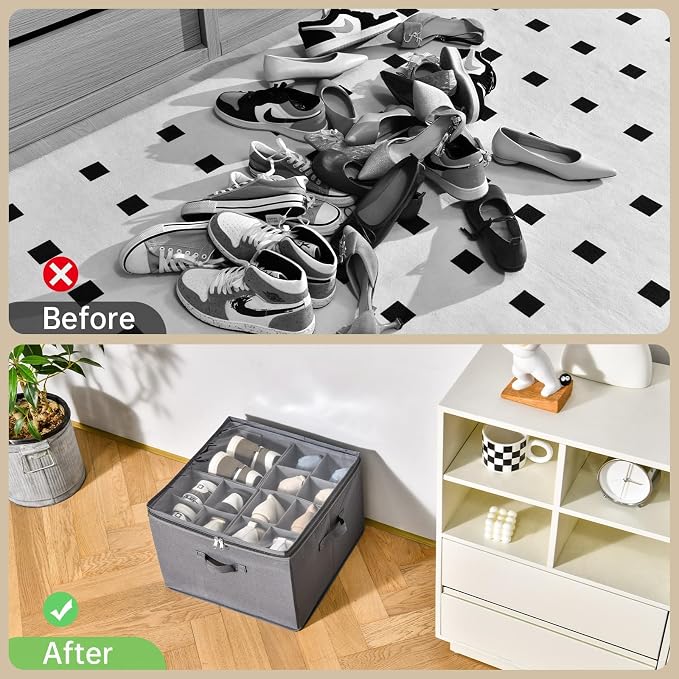 INSTY 2 Pack Shoe Organizer for Closet,Fits up to 32 Pairs,Adjustable Dividers for Shoe Storage,Fabric Shoe Storage Bins with Clear Cover,Grey
