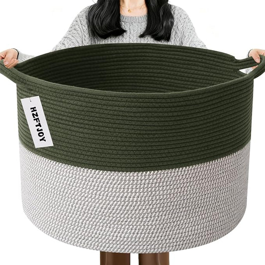 115L Extra Large Blanket Basket,Woven Laundry Basket-Green&White | Collapsible, reinforced handles, nursery storage bin organizes clothes, toys and pillows for living room, bedroom bathroom