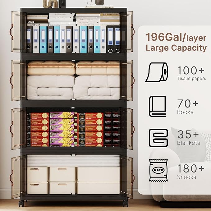 784QT Extra Large Stackable Storage Bins with Lids | & Wheels & Door, 196Gal Foldable Collapsible Closet Organizers, Plastic containers drawers for bedroom Dorm