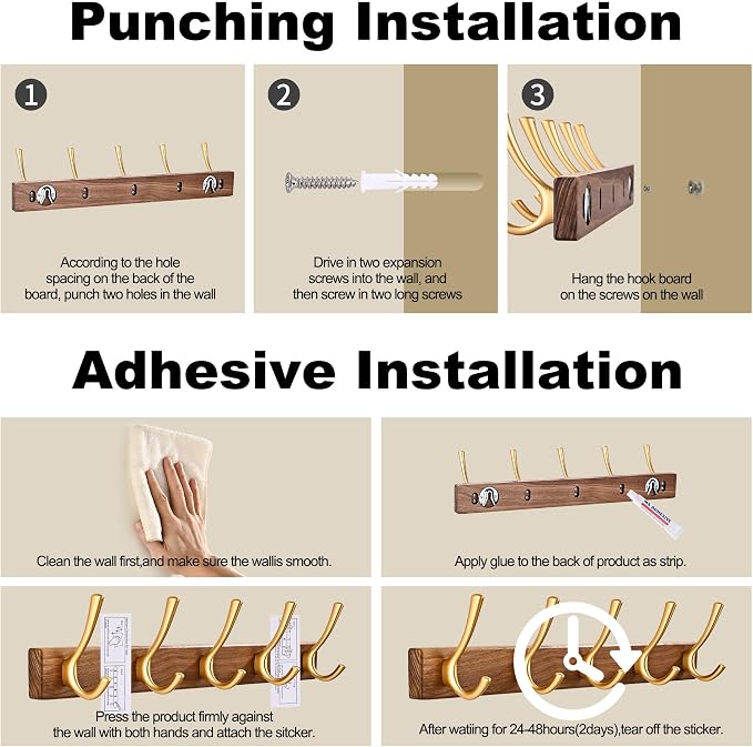 17.3" Small Walnut Wood Coat Rack Wall Mount with 5 Hooks, Heavy Duty Wooden Jacket Hanger Door Mounted for Decorative Entryway Bathroom Hanging Towel Backpack Purse Clothes Hat Key Gold