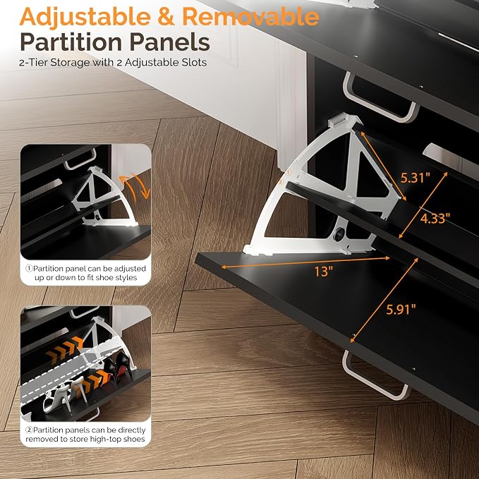 VINGLI Set of 2 Shoe Cabinets Storage for Entryway,2-Pack,Black | 16–24 Pairs,Skirting Board Cutout,Drop-Down Drawer,9.4"D Slim,Modern,2 Flip Drawers,Adjustable & Removable Shelf