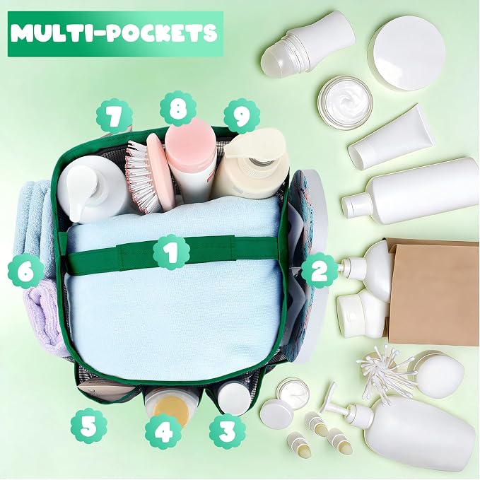 Mesh Shower Caddy Portable - 9 Pockets for College Dorm Room Essential | Large Capacity Mesh Shower Caddy with 9 Pockets, Portable Hanging Toiletry Bag for College Dorm, Gym, Camping and Beach