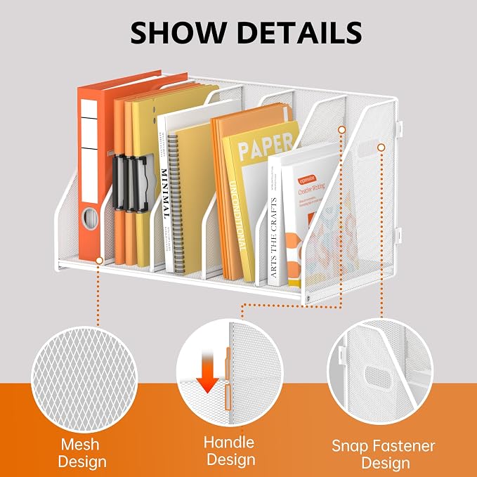 SUPEASY Binder Organizer, Magazine File Holder with 5 Vertical Rack, White | Metal Desk File Organizer & Binder Holders, Magazine Organizers for Office Desktop, Home, School, Classroom