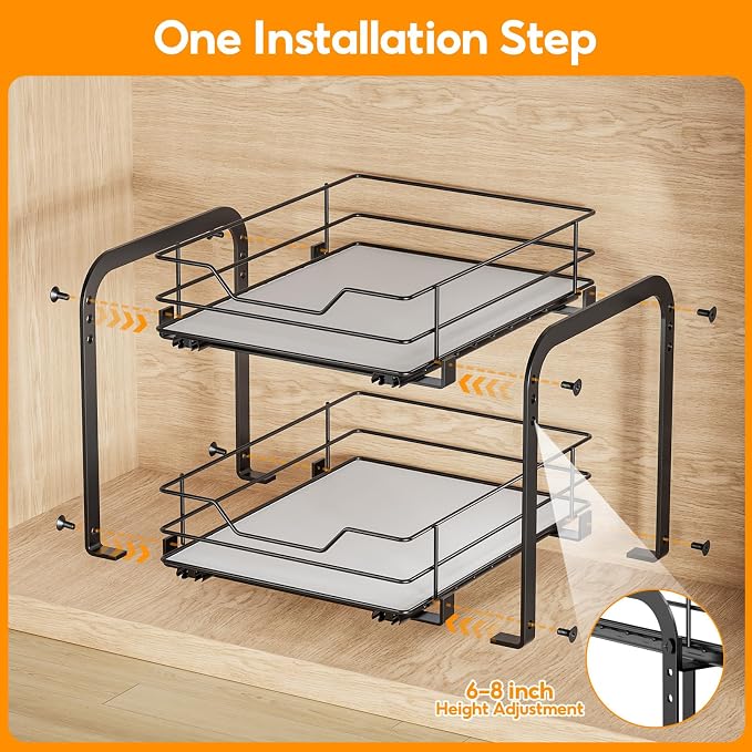 Pull Out Spice Rack Organizer for Cabinet, 2 Tier Spice Rack Organizer for Cabinet, Heavy Duty Slide Out Seasoning Kitchen Organizer, Hold 60 Spice Jar with Labels, 13.58''Wx10.5''Dx9.5''H, Black