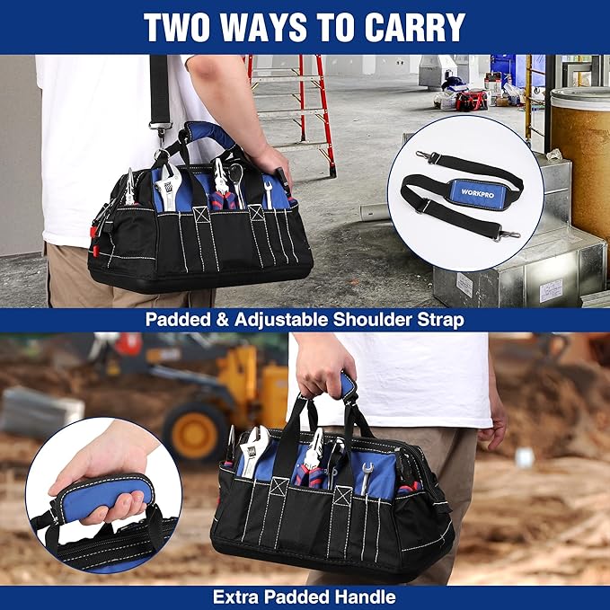 WORKPRO 16-inch Wide Mouth Tool Bag with Water Proof Molded Base | Multi-Pocket, Heavy Duty Cloth, Adjustable Shoulder Strap, Double-pull Zipper, For Workshops, Outdoor Projects