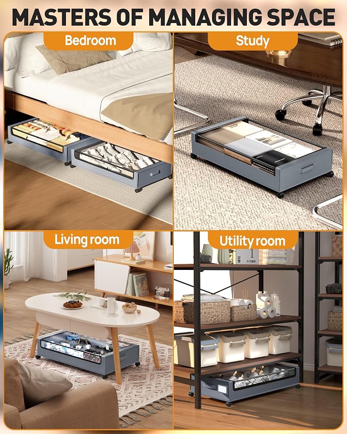 Under Bed Storage with Wheels, Square Under Bed Storage Containers, 60L Under The Bed Storage Bins, Rolling Metal Drawer for Clothes, Blankets, Shoes...