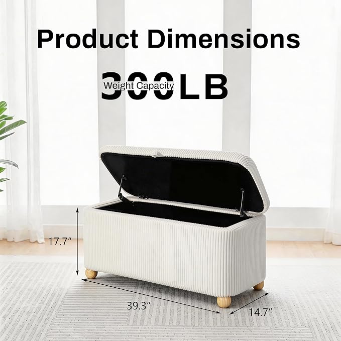 Homebeez 39” Corduroy Storage Ottoman Bench with Hinged Lid & Handle | End of Bed Storage Bench with Wood Ball Legs, for Kids Room, Bedroom, Entryway & Living Room, (White)