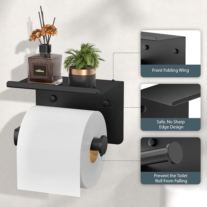 FORIOUS Bathroom Accessories, 5-Piece Bathroom Hardware Set - 24" Towel Bar | Matte Black | Towel Hooks, Towel Racks for Bathroom, Toilet Paper Holder With Shelf & Towel Ring | SUS304 Stainless Steel