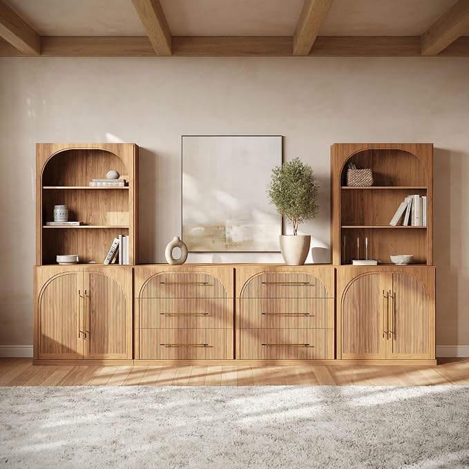 BELLEZE 6-Piece Modular TV Stand Set - 2 Double-Arc Wood Door Sideboards, 2 Sideboards with Drawers, and 2 Hutch Cabinets, Classic Modern Media Console with Adjustable Shelves for Living Room(Camel)