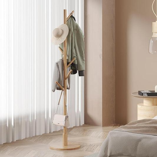 VECELO Coat Rack Freestanding, Entryway Hanger Stand, Umbrella Holder, Hall Tree With Hooks, Floor Standing Tree Stand,Light Wood