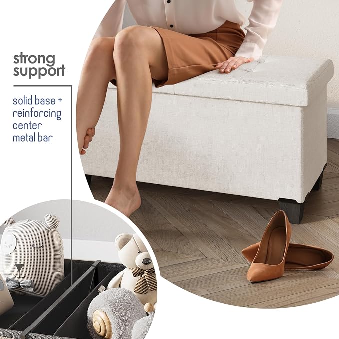 Storage Ottoman Bench with Bins, 43-in Storage Bench for Bedroom End of Bed, Folding Foot Rest Ottoman for Living Room Max 660lbs, Fabric Ottomans, Beige