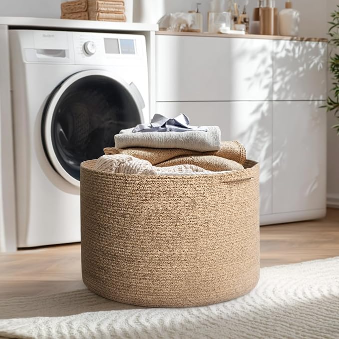 115L Extra Large Storage Basket, 23.6"x15.7" Woven Cotton Rope Basket, Giant Kids Dog Toy Bin, XXXL Boho Blanket Pillow Holder for Living Room, Brown Variegated Woven Baskets for Organizing