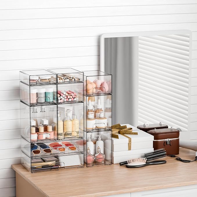 7.6" H Baby Bottle Organizer for Cabinet,4 Pack BPA FREE Bottle Storage Organizer Baby,Clear Stackable Storage Drawers for Makeup,Skincare,Beauty Products Bathroom Closet Organizers and Storage