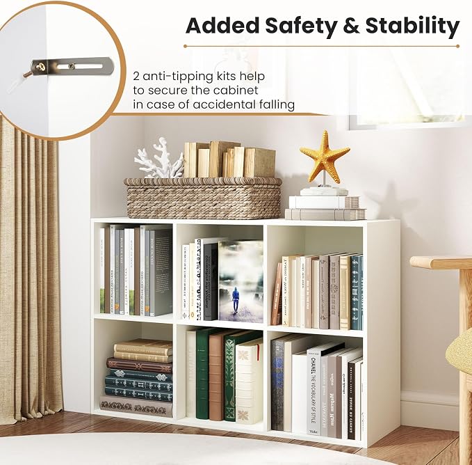 Giantex 6-Cube Bookcase, 3-Tier Cubby Bookshelf, Horizontal Vertical Display Rack with Anti-Tipping Kits, Modern Storage Organizer Shelf Unit for Bedroom, Living Room, Study Room, White | Horizontal Vertical Display Rack with Anti-Tipping Kits, Modern ...