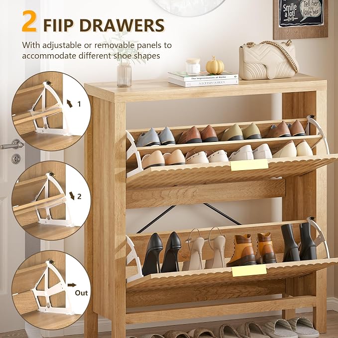 Fluted Shoe Cabinet Storage with 2 Flip Drawers for Entryway, Hallway | Narrow Shoe Rack Freestanding Shoe Organizer with Legs for Entryway，Hallway, Oak