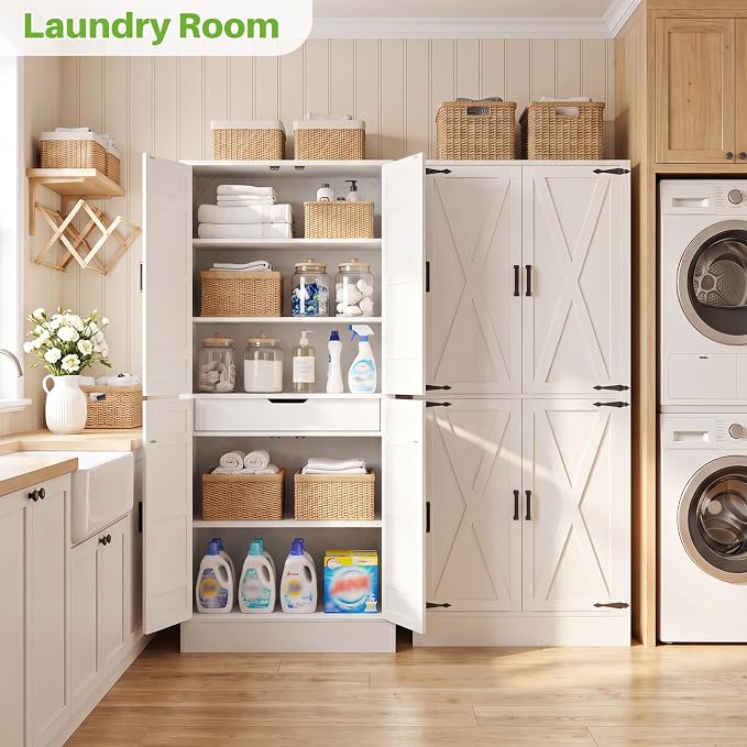 Unikito 71" Tall Kitchen Pantry Storage Cabinet with Built-in Drawer | 31.5" Wide Wood Farmhouse Storage Cabinet with Barn Doors and 3 Shelves, for Home Kitchen,Dining/Living/Laundry/Room