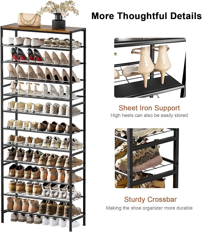 12 Tier Metal Shoe Rack with Wood Top, 40-48 Pairs Rustic Brown | Tallest 77.5in for maximum storage. 3 iron sheets for heels. Removable layer fits tall boots. Display top.
