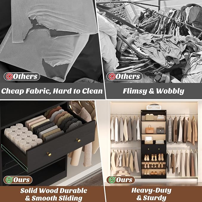 Wood Closet Organizer System - 4FT-9FT Expandable Wardrobe Closet with Drawer & 4 Hanging Rods, Heavy Duty Walk-in Closet 1000Lbs for Bedroom Walk-in Closet, Black