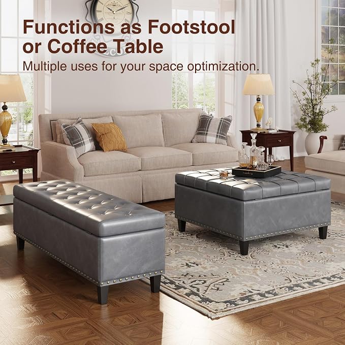FiveWillowise 51 Inch Storage Ottoman Bench,Large End of Bed Storage Bench | Faux Leather Ottoman with Storage,30 Gallons,Upholstered,with Nailhead Trim,Legs,for Bedroom,Living Room,Entryway,Grey