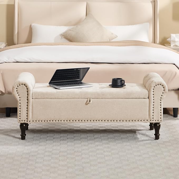 51" Storage Bench for Bedroom, Chenille End of Bed Bench, Queen Size Bench with Rolled Arms, Tufted Storage Ottoman Benches, Upholstered Bench for Bedroom, Living Room, Entryway, Camel