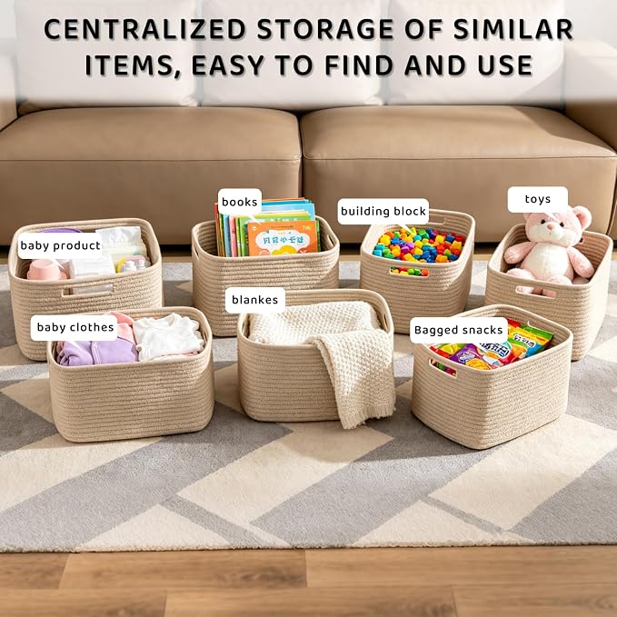 4 Pack Storage Baskets for Organizing, 11''Lx9''Wx8''H Woven Baskets for Storage Toys, Towels, Books, and Clothes, Cotton Rope Basket for Shelves with Handle