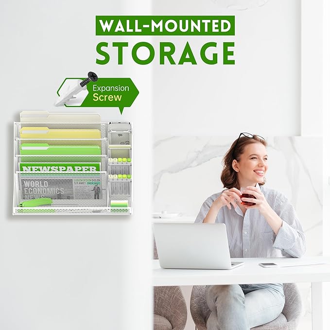 5-Tier Wall File Organizer with 4 Pen Holders and R-Shaped Tray,White | 5-Tier Wall Organizer and Wall File Organizer with 4 Pen Holders and R-Shaped Base for Wall Mount or Desktop Use