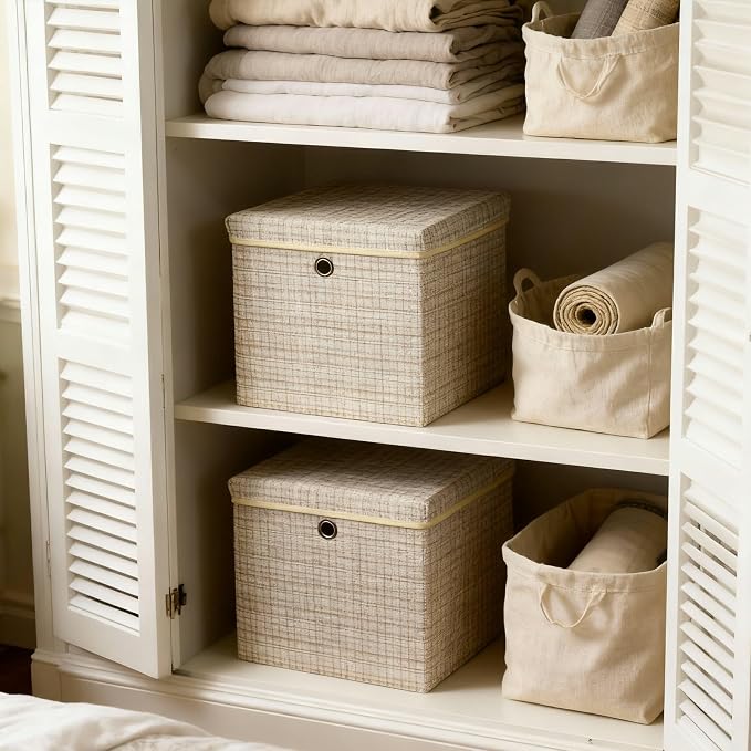modscape 12x12x12 Collapsible Fabric Cube Storage Bins with Lids | Clothes storage bins for shelves, closet, bedroom. Decorative boxes with lids, treasure box for classroom(Shining Beige, 4)