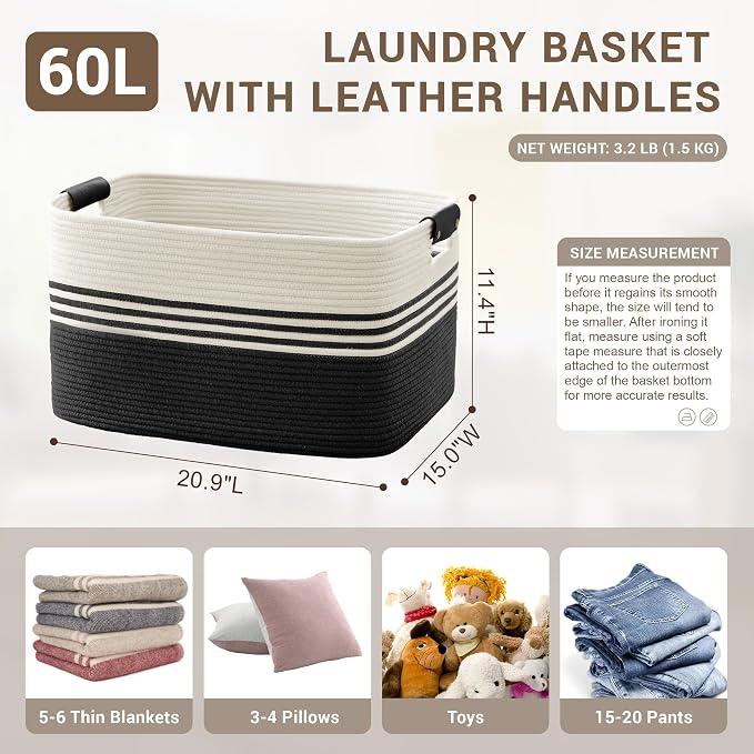 60L Woven Laundry Basket Hamper with Leather Handles,Black | collapsible wicker hamper, storage for dirty clothes, toys, blankets, gifts, living room, bedroom, bathroom, 21"x15"x11"