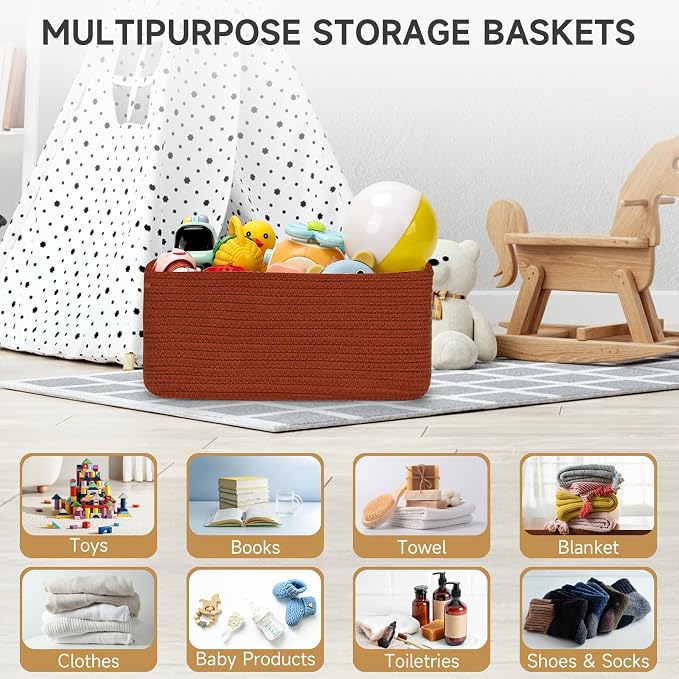 3-Pack Storage Baskets for Organizing | Woven Shelf Toy Basket | Rope Baskets for Gifts Empty | Closet Organizer Bins with Handles | Cube Decorative Box | 13.7×7.1×6.7” | Brick Red